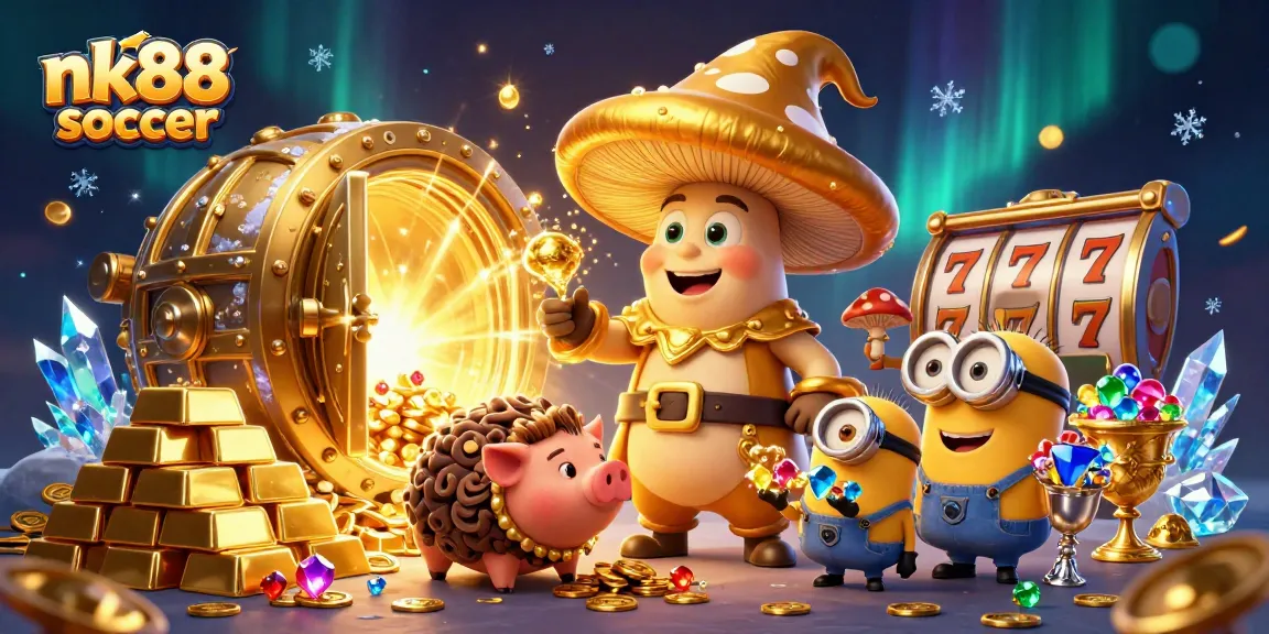 The nk88 soccer platform brings together magical elements with a golden mushroom wizard, showcasing captivating treasures in a 3D illustration.