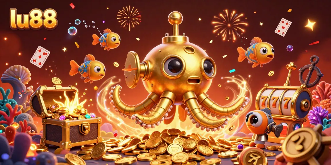 Win big at lu88 with an ultra-detailed casino-themed 3D illustration showcasing vibrant games and golden rewards.