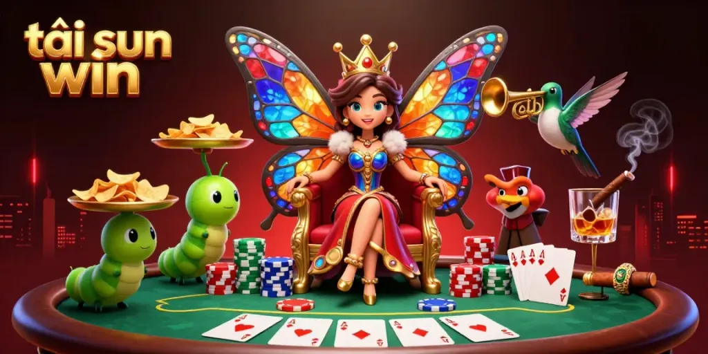 Join the excitement with tải sun win, a vibrant 3D scene featuring a butterfly queen amidst colorful chips and gaming elements.