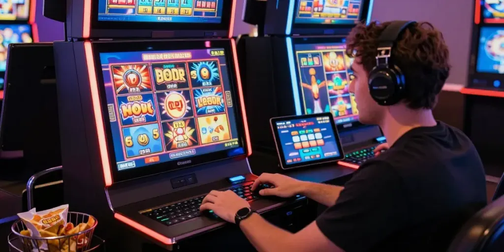 Exciting online slot gacor gaming scene with player and colorful digital interface.
