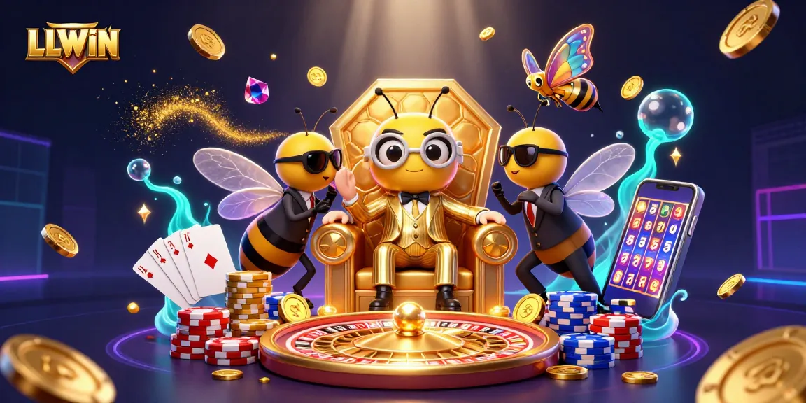 LLWIN's vibrant casino atmosphere features a playful bumblebee mob boss amidst sparkling games and treasures.
