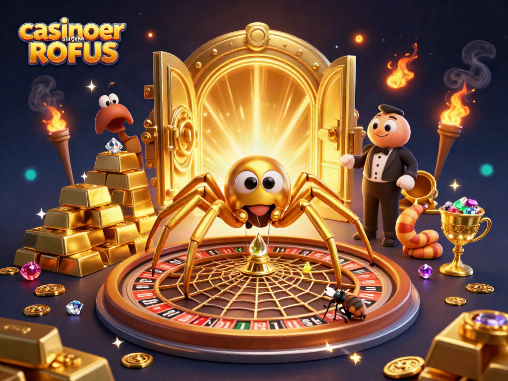 Engage with casinoer uden ROFUS as a golden spider spins a roulette wheel web, while gems and treasures surround