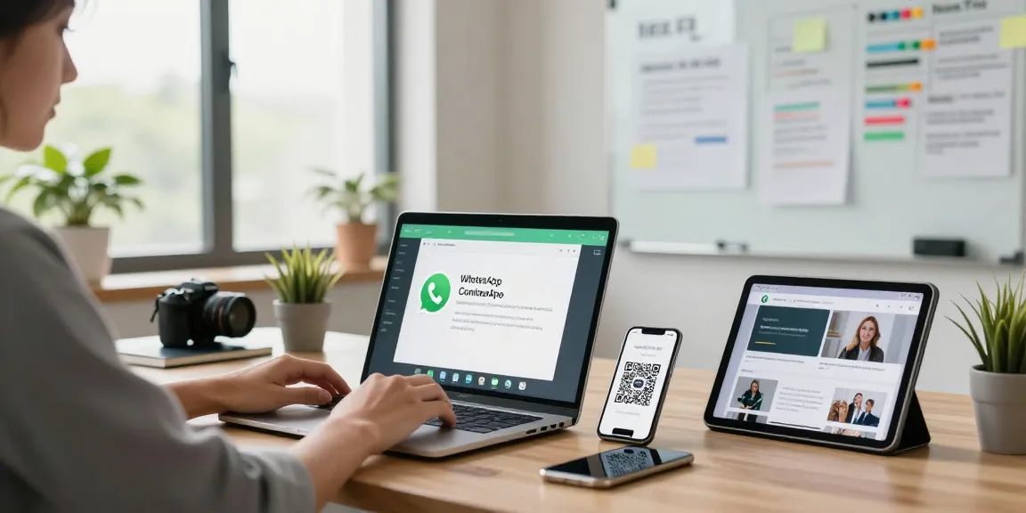 Using WhatsApp電腦版 on a laptop in a modern tech workspace with multiple devices.