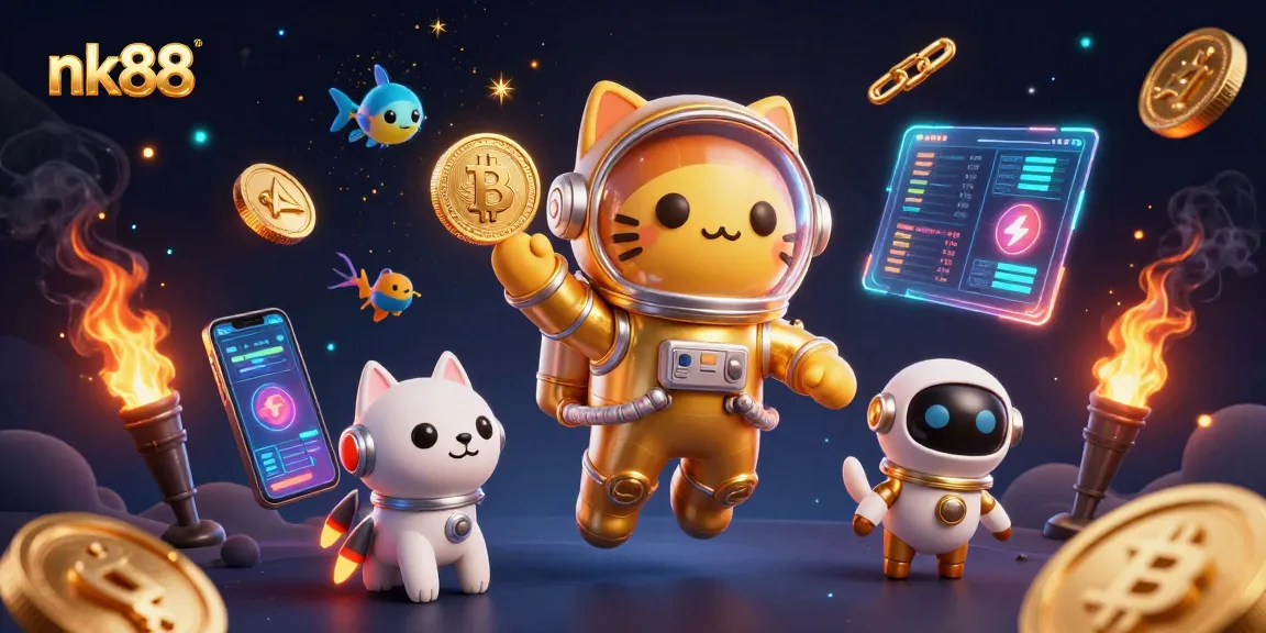 Engage with nk88 in a vibrant 3D casino scene featuring astronaut cat and robot dog.