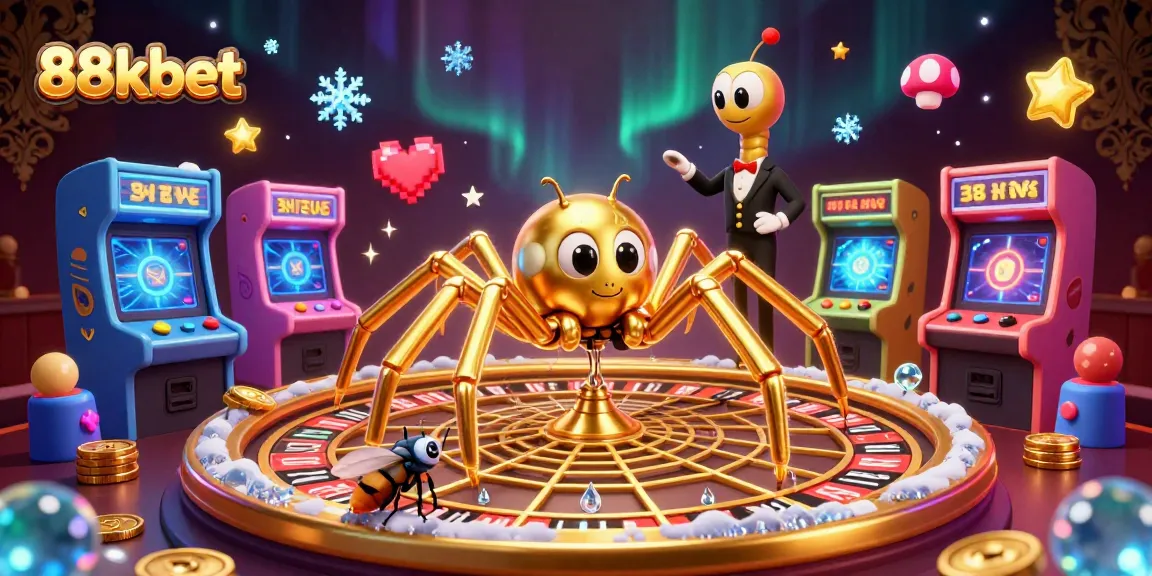88kbet promotes exciting gaming with a golden spider spinning a roulette web surrounded by vibrant casino elements.