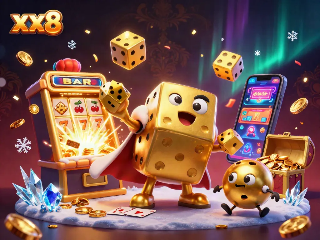 Experience the excitement with xx8 as golden dice golem juggles winning symbols in a casino scene.