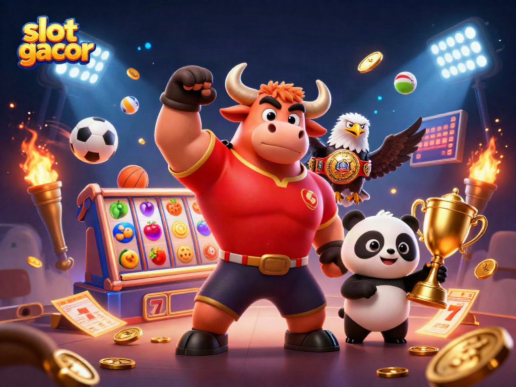 Spin the reels of slot gacor with a vibrant 3D scene featuring lively characters and dynamic casino elements.