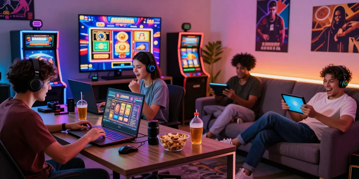Diverse players enjoying judi slot online on various devices in a vibrant gaming setup, embodying excitement and engagement.