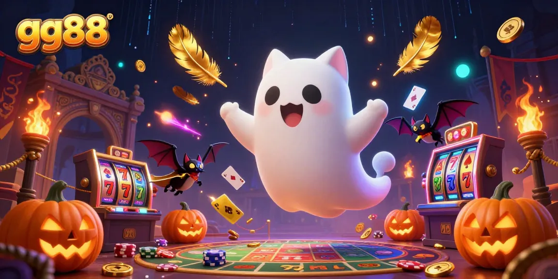 Experience the thrill of gg88 with a ghost cat and bat celebrating in a haunted casino.
