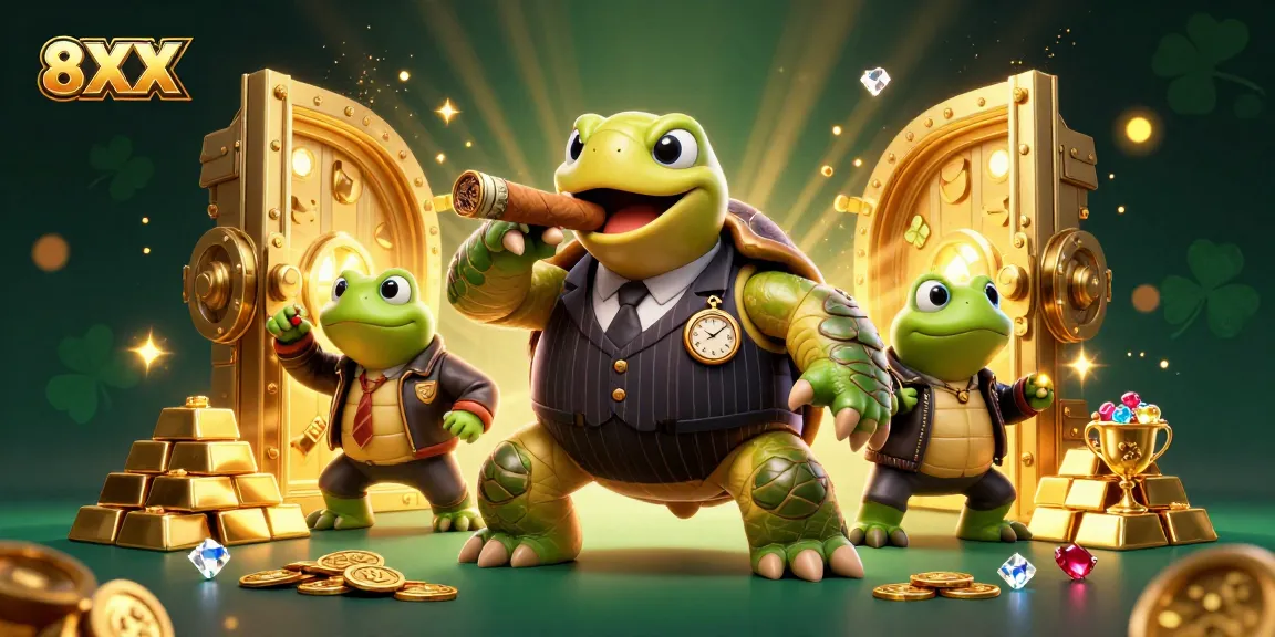 Experience the excitement of the 8XX casino scene with dynamic characters, treasure, and lights.