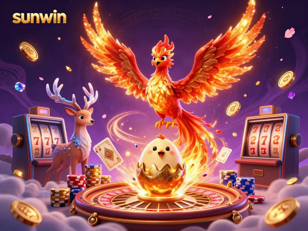 Engage with sunwin's exciting gaming world, featuring a phenomenal fire phoenix amidst a vibrant casino atmosphere.