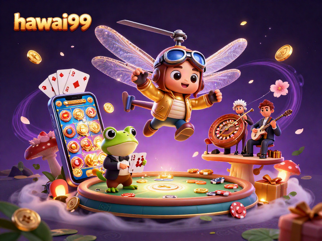 Experience thrilling casino action with hawai99 as a dragonfly pilot oversees a vibrant lily pad casino.