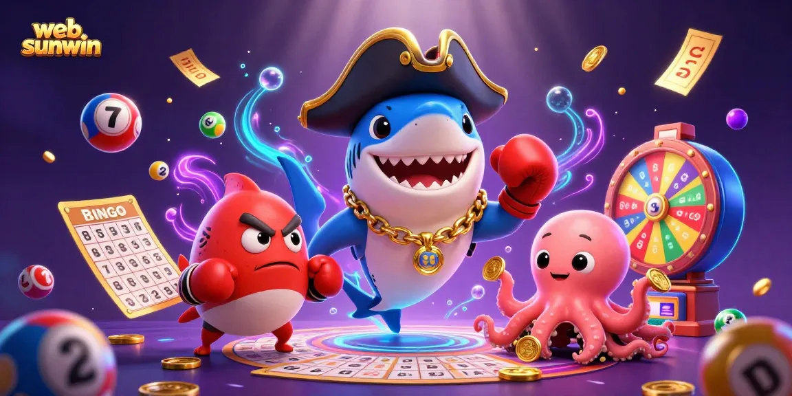 Engage with web sunwin's vibrant games featuring a cartoon pirate shark and friends celebrating winnings.