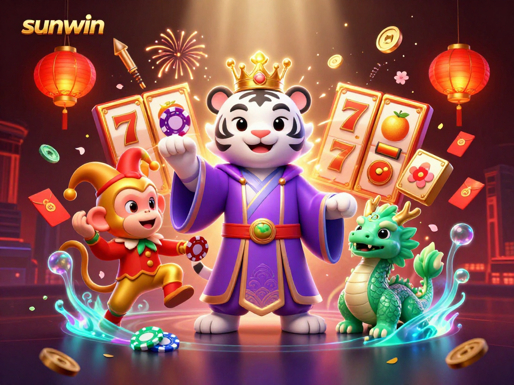 Experience the thrill of sunwin slots with a vibrant 3D scene featuring animated characters and gaming elements.