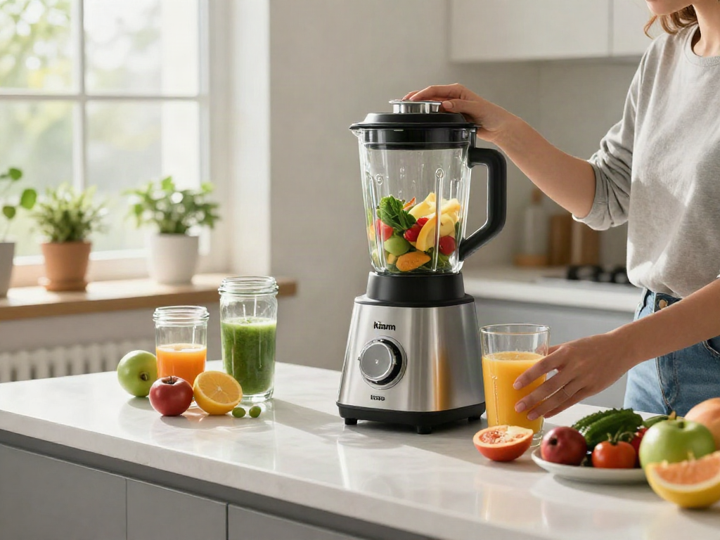 Kiam Blender in a bright kitchen with fresh smoothie ingredients.