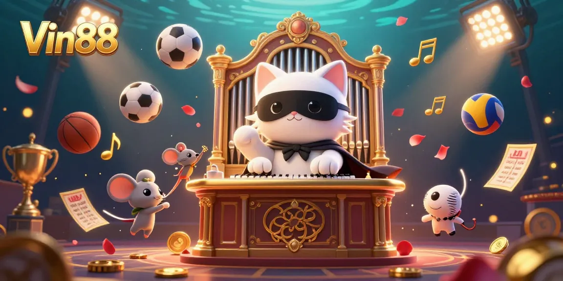 Engage in Vin88's exciting casino experience featuring a phantom cat at a pipe organ amidst floating sports elements.