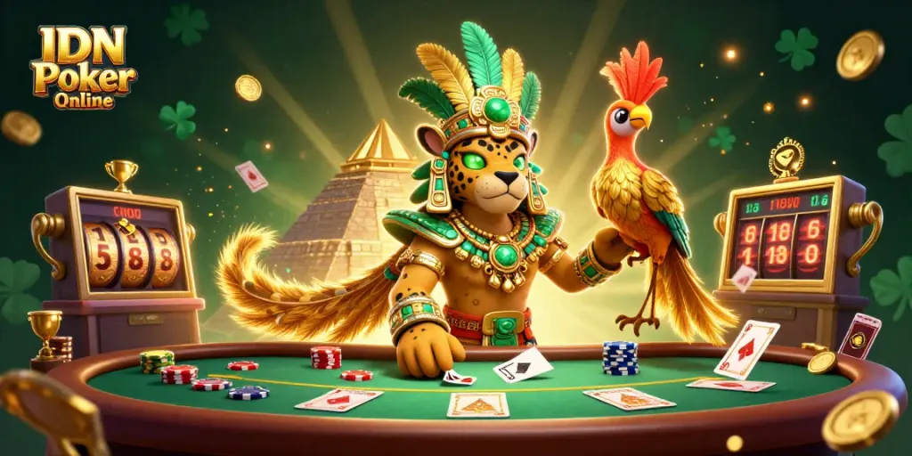 Experience excitement with IDN Poker Online as Mayan and quetzal characters engage in vibrant casino action.