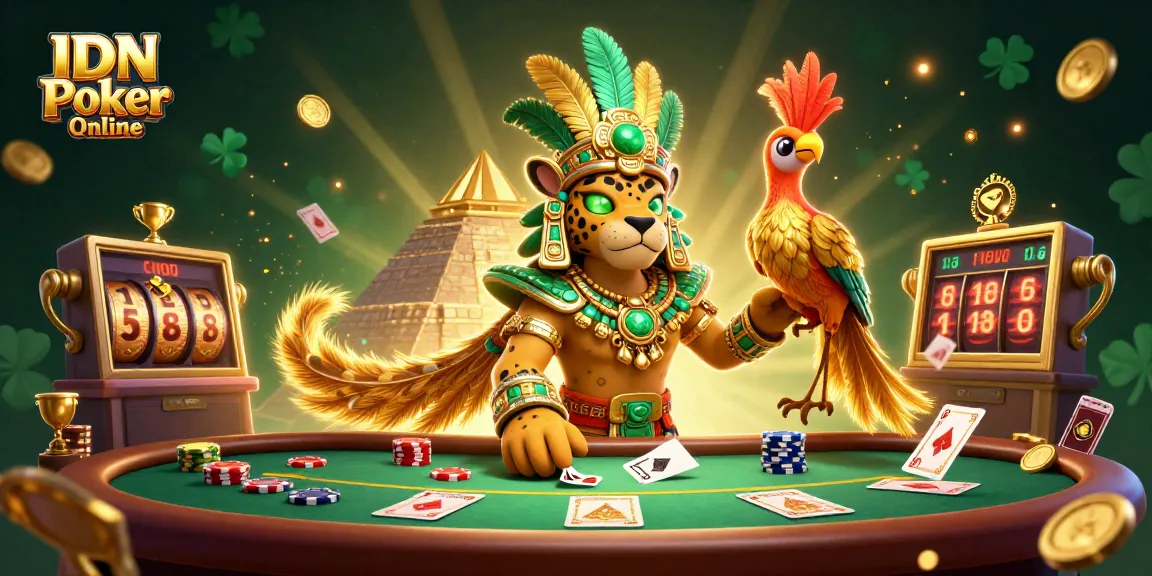 Experience excitement with IDN Poker Online as Mayan and quetzal characters engage in vibrant casino action.