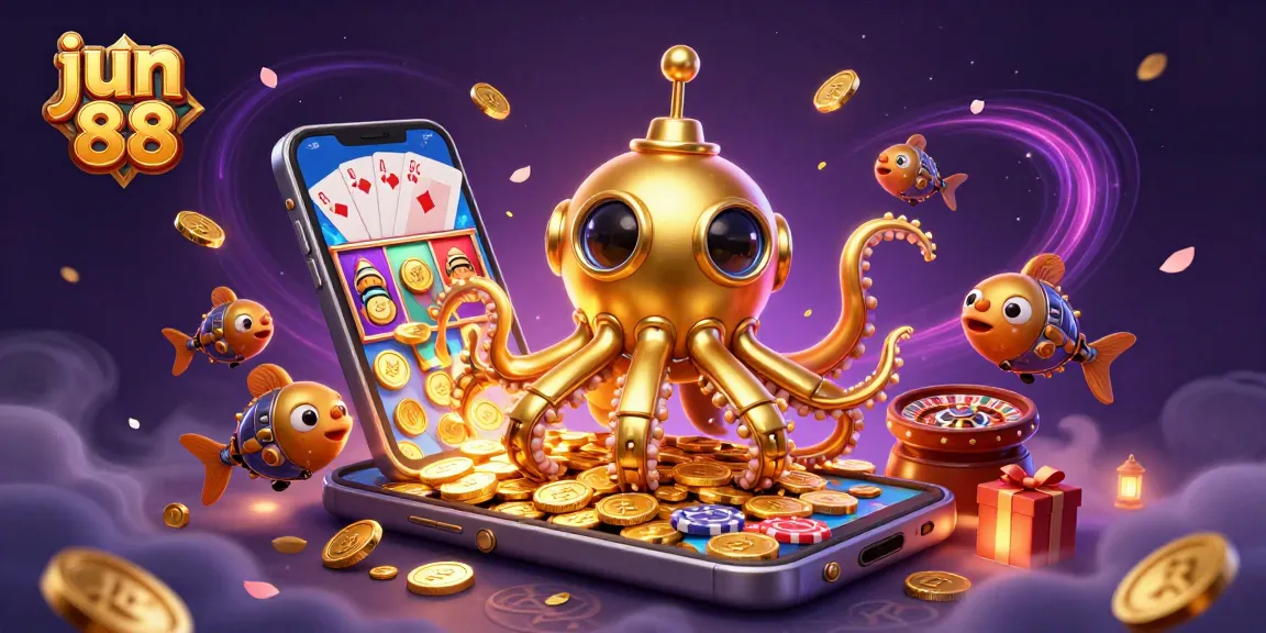 Engage with jun 88's dynamic underwater scene featuring a golden kraken and vivid game elements.