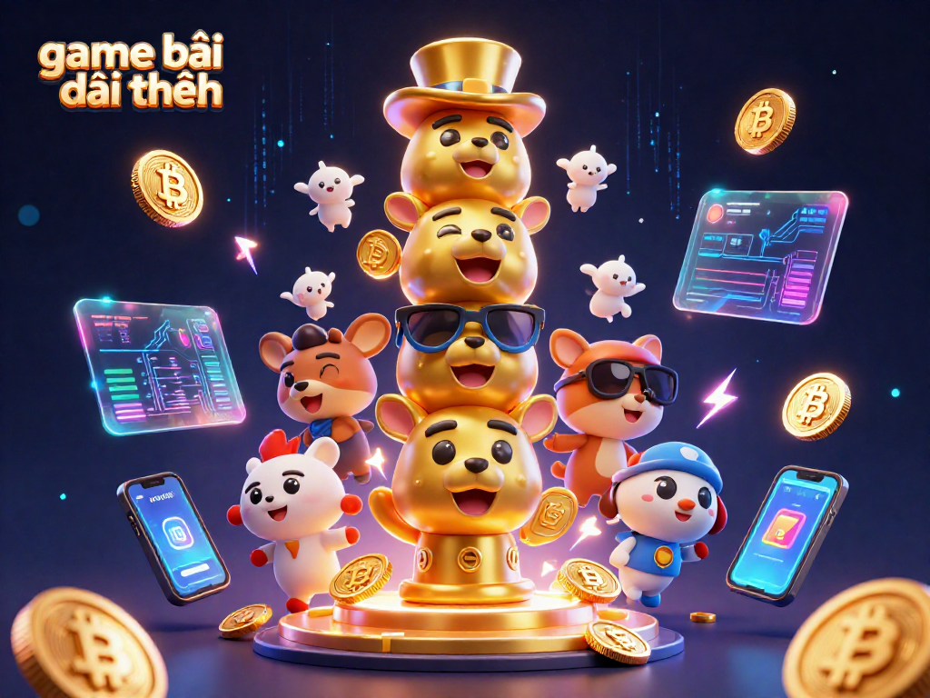 Engage with game bài đổi thưởng through an exciting 3D cartoon scene featuring a totem pole and cryptocurrency elements.