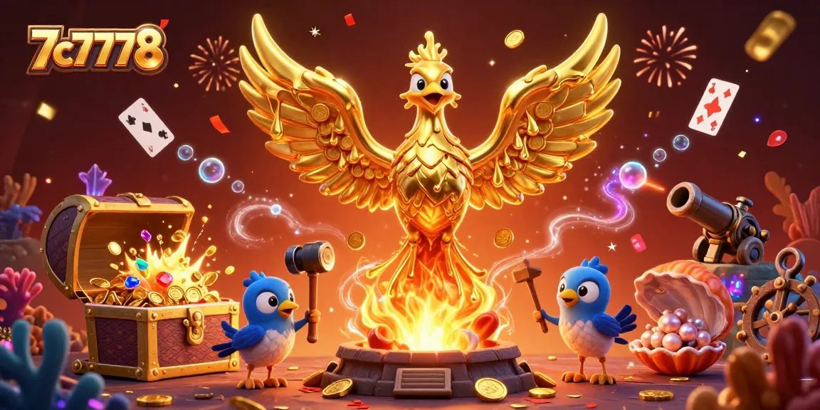 Experience the thrill of 7c7778 with a golden phoenix and dynamic casino elements.