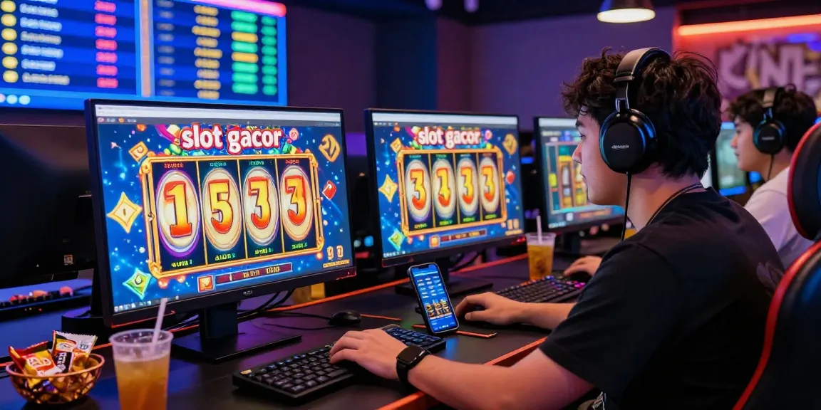 Excited poker player engaging with slot gacor online gaming, highlighted wins and vibrant graphics.
