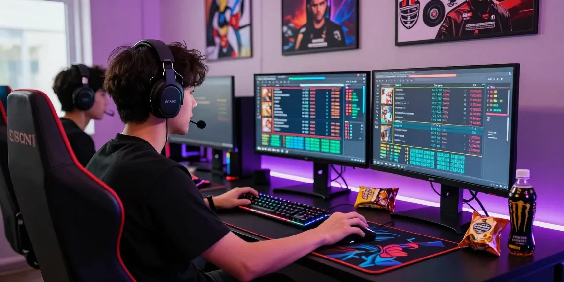 Esports betting setup featuring seanbowieforaz with multiple monitors and lighting.