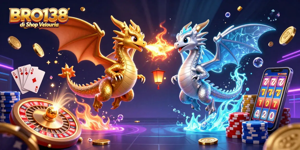 Experience the excitement of BRO138 di Shop Velouria with dragons, coins, and casino elements in this dynamic illustration.