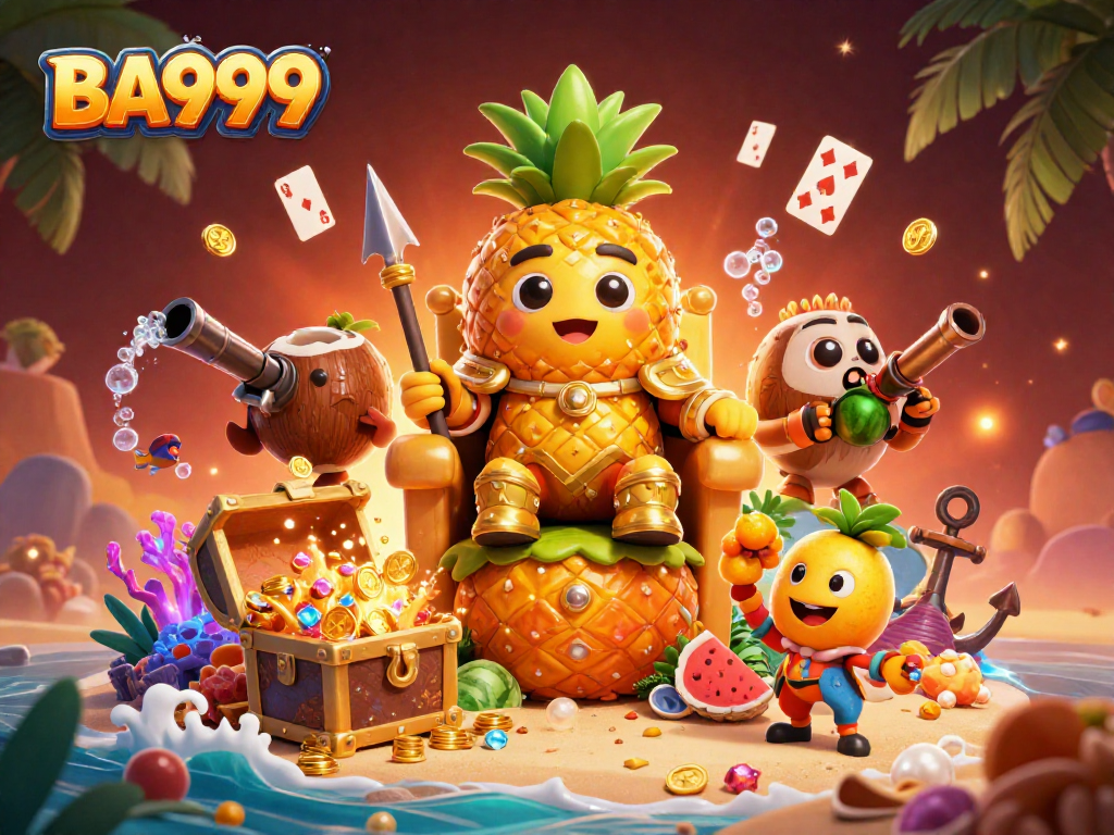 Engage with BA999's thrilling casino fun featuring a golden pineapple king and dynamic gaming elements.