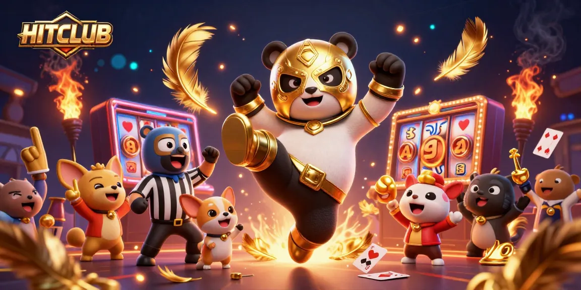 HITCLUB presents an exciting online casino showdown with a panda wrestler and thrilling game elements.