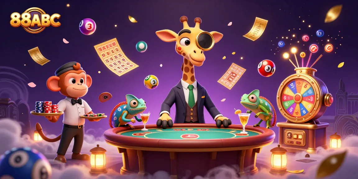 Engage in thrilling games at 88ABC with a high-roller giraffe and lively casino characters.