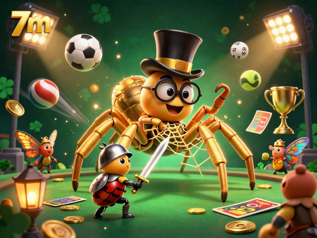 Engaging illustration of 7m's casino scene with a golden tarantula and a brave beetle knight.