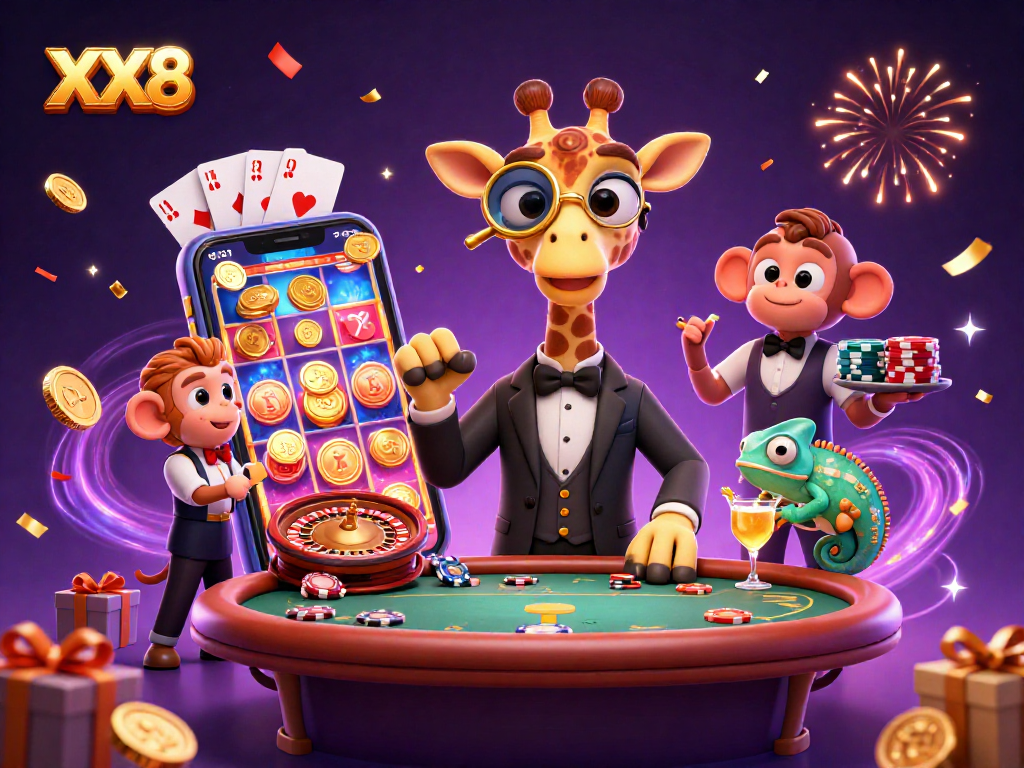 Experience the thrill of XXL8 with a high-roller giraffe at the poker table.