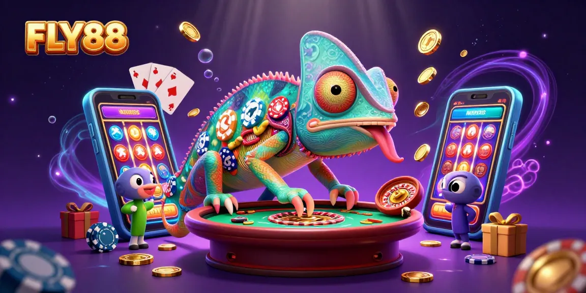 FLY88 chameleon casino owner capturing golden coins in a vibrant 3D gambling scene.