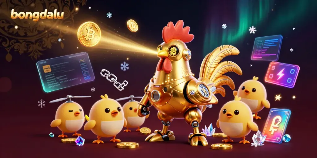 Bet on bongdalu with the dazzling golden rooster robot amid vibrant crypto elements.