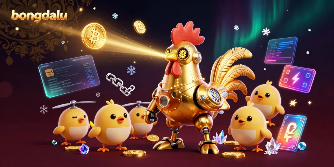 Bet on bongdalu with the dazzling golden rooster robot amid vibrant crypto elements.