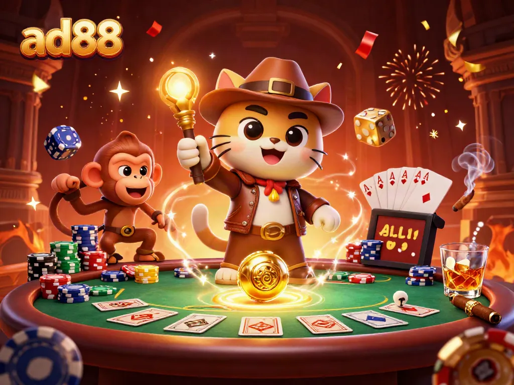 Experience ad88's thrilling casino adventure with golden artifacts and vibrant poker elements.