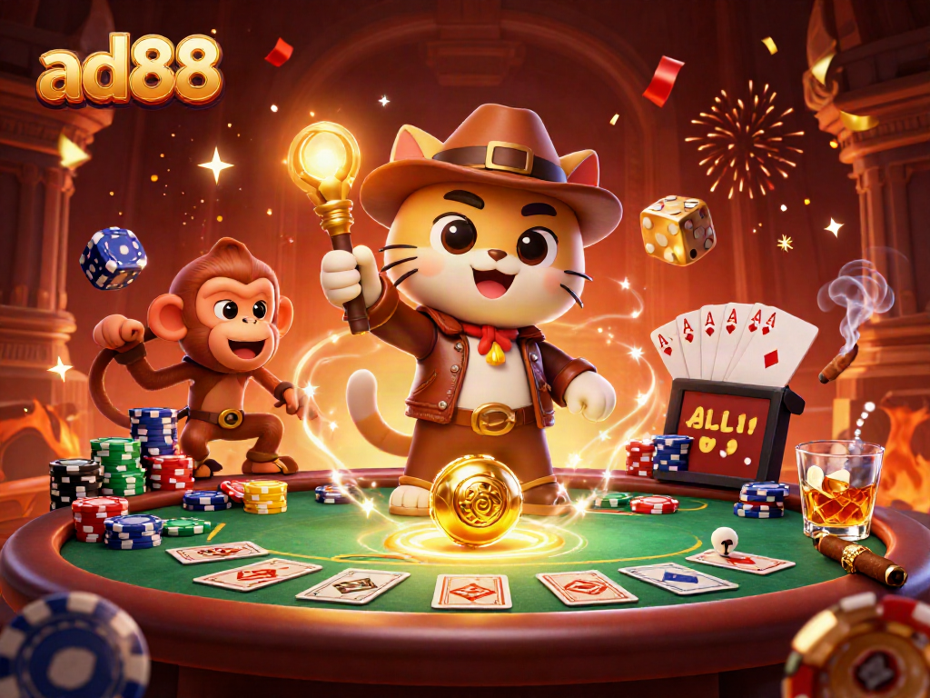 Experience ad88's thrilling casino adventure with golden artifacts and vibrant poker elements.