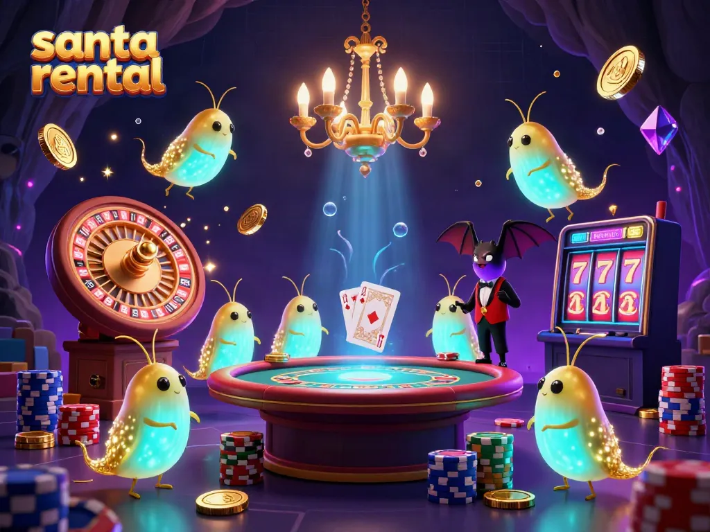 Experience the festive excitement of a glowing casino scene with a lively santa rental theme featuring sparkle and light.