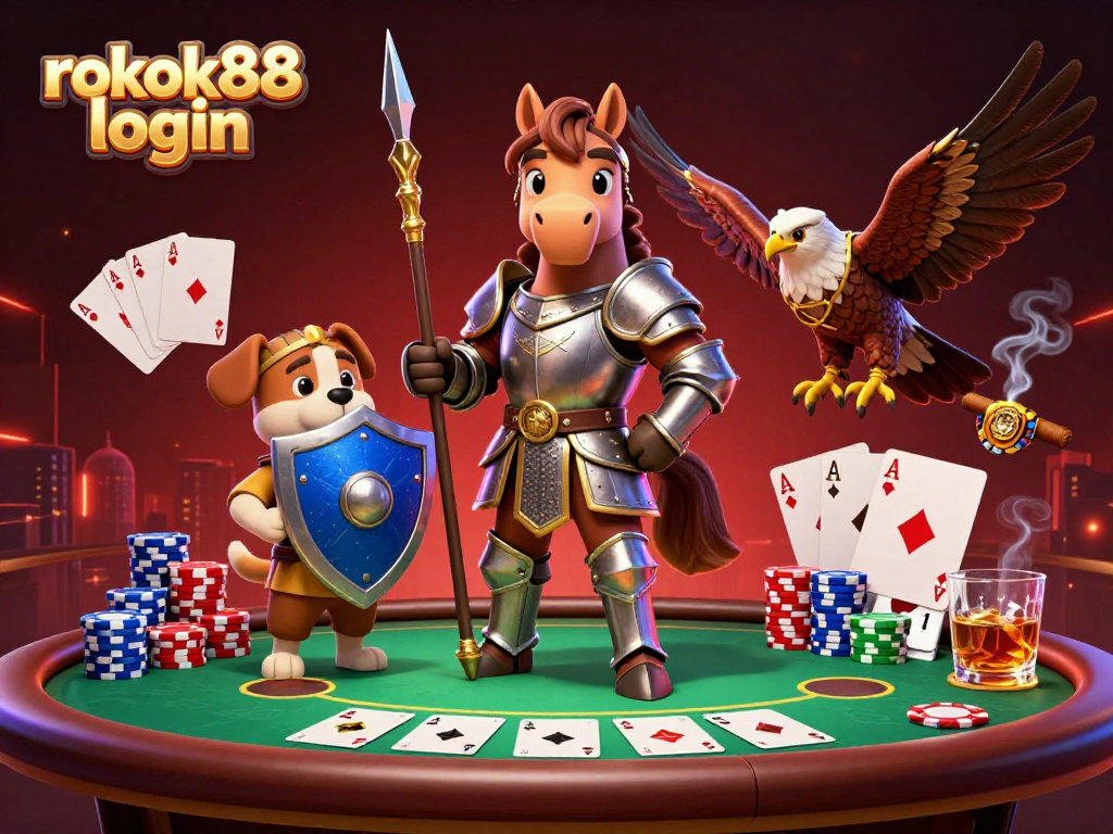 Experience the thrill of rokok88 login with a knight, squire, and falcon at a vibrant poker table.