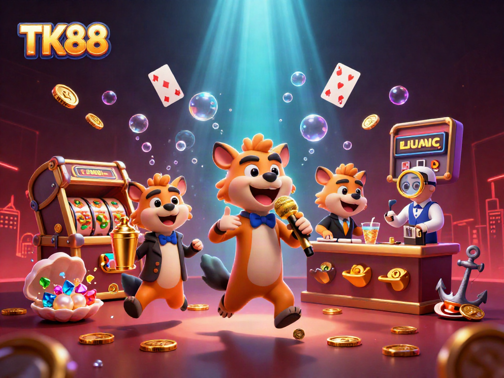 Experience the vibrant TK88 casino scene with hyenas at a comedy club, showcasing slots and treasures.