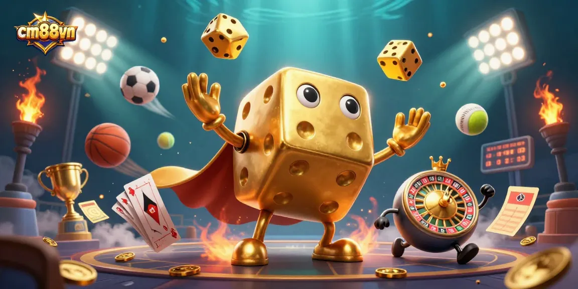 Experience thrilling gaming moments at cm88vn with a vibrant 3D illustration of casino excitement.