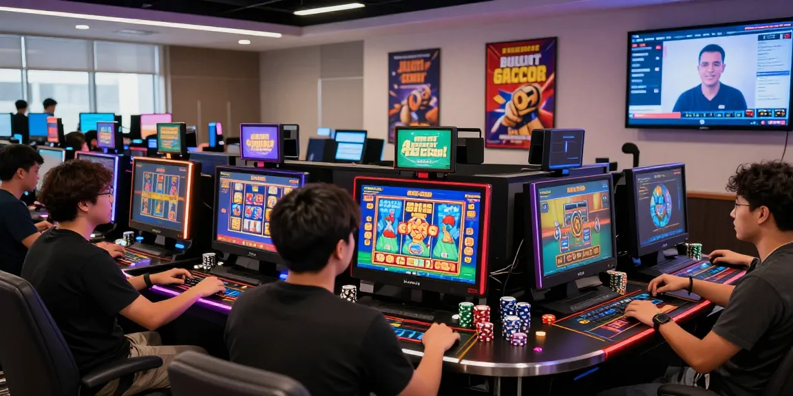 Excited players engaging in judi slot gacor at a modern online casino with vibrant graphics and dynamic atmosphere.
