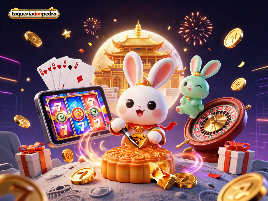 Experience exciting action with taqueriadonpedro as the moon rabbit reveals hidden poker chips amidst vibrant slot game elements.