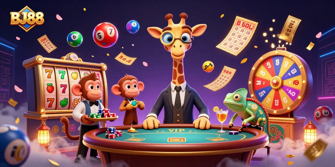 BJ88 showcases a high-roller giraffe, monkey valet, and chameleon bartender in a vibrant casino scene mixing games and excitement.