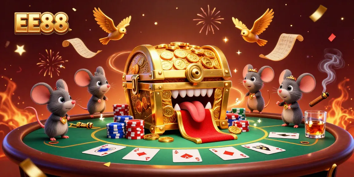 Engage in thrilling EE88 gaming adventures with vibrant 3D illustrations depicting rich casino elements and excitement.