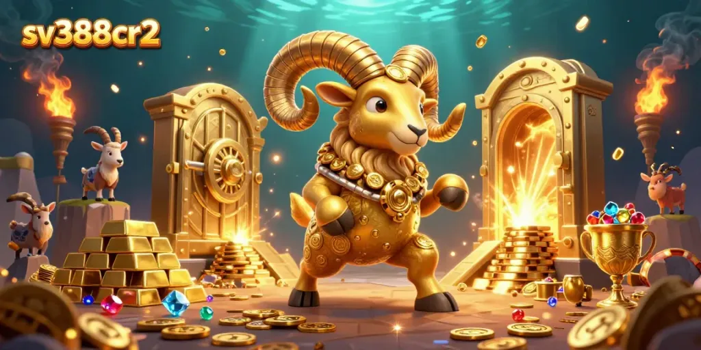 Experience thrilling cockfighting action at sv388cr2 with a spectacular golden ram charging through a treasure-filled golden gate.