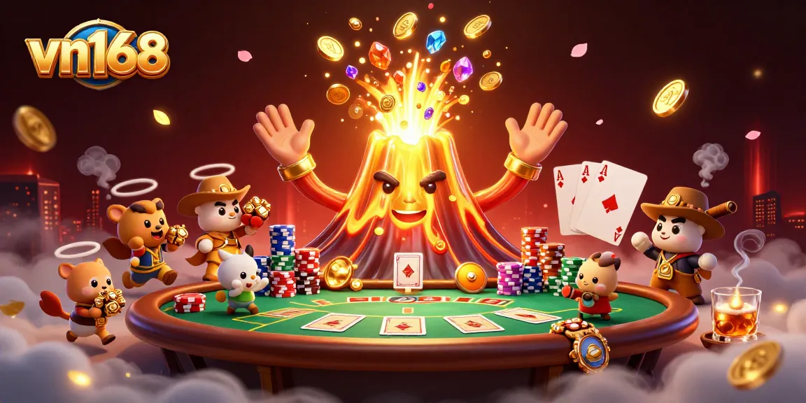 Venture with vn168 into thrilling gaming, as volcanoes erupt treasure amid intense poker chaos.