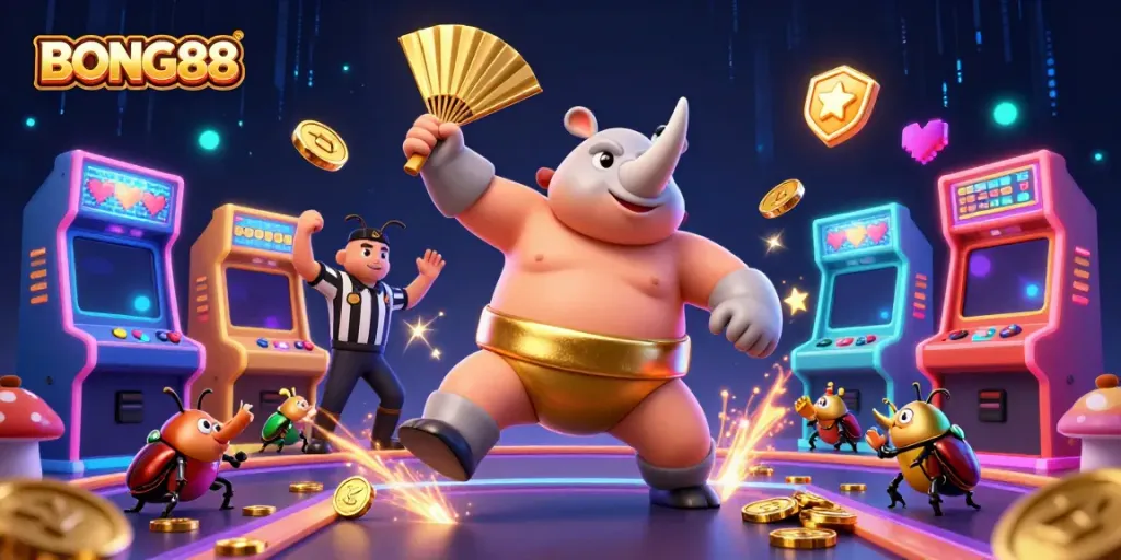 BONG88 features a dynamic casino scene with a rhinoceros beetle sumo champion and colorful game machines.