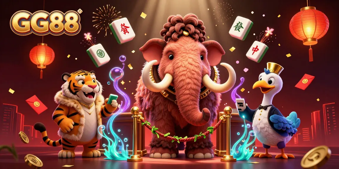 GG88 casino scene featuring a woolly mammoth bouncer and saber-tooth VIP, full of rich visual details.